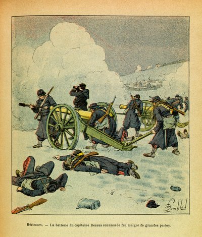 El Ejército del Este de Eugene Sergeant, conocido como Grenest, ilustrado por Louis Bombled (1862-1927): Enero de 1871, Hericourt, la batería del Capitán Dessus continúa el fuego con grandes pérdidas, Colección Privada de Louis Charles Bombled