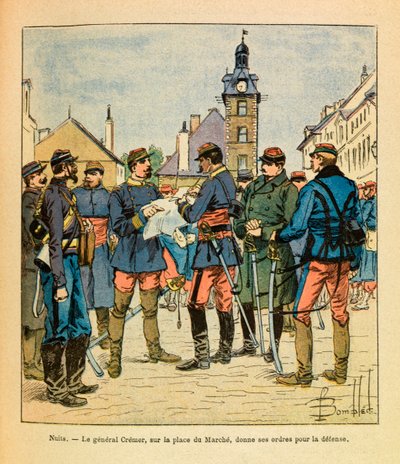 El Ejército del Este de Eugene Sergeant, conocido como Grenest, ilustrado por Louis Bombled (1862-1927): Batalla de Nuits Saint Georges; el General Cremer en la Plaza de la Marcha da sus órdenes para la defensa, diciembre de 1870, Colección Privada de Louis Charles Bombled