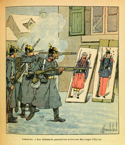 El Ejército del Este de Eugene Sergeant, conocido como Grenest, ilustrado por Louis Bombled (1862-1927): En Lamarche, soldados alemanes descargan su ira en imágenes de Epinal, Colección Parcial de Louis Charles Bombled