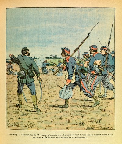 El Ejército del Este de Eugene Sergeant, conocido como Grenest, ilustrado por Louis Bombled (1862-1927): Batalla de Lantenay en noviembre de 1870, los móviles de Aveyron sin mochilas van al enemigo portando sus rifles de Louis Charles Bombled