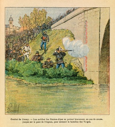 El Ejército del Este de Eugene Sergeant, conocido como Grenest, ilustrado por Louis Bombled (1862-1927): Los móviles de los Altos Alpes ayudan al batallón de Vosgos durante los combates de Cussey en el Ognon de Louis Charles Bombled