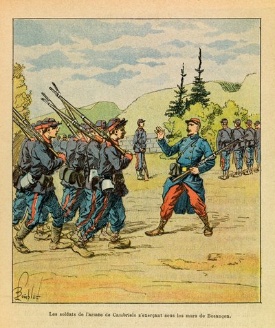 El Ejército del Este de Eugene Sergeant, conocido como Grenest, ilustrado por Louis Bombled (1862-1927): Los soldados del ejército del General Cambriels practicando bajo los muros de Besançon, Colección Privada de Louis Charles Bombled