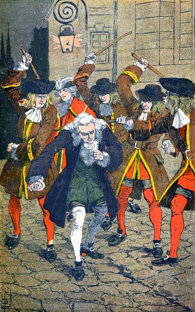 El Caballero de Rohan hace azotar a Voltaire por su gente de Louis Charles Bombled