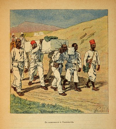 La Guerra en Madagascar-Historia Anecdótica de las Expediciones Francesas de 1885-1895 por Henri Galli dit Galllichet (1854-1922), ilustrado por Louis Bombled (1862-1927): Entierro de un soldado en Tsarasaotra en 1895, Colección Privada de Louis Charles Bombled