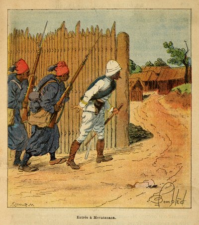 La Guerra en Madagascar-Historia Anecdótica de las Expediciones Francesas de 1885-1895 por Henri Galli dit Galllichet (1854-1922), ilustrado por Louis Bombled (1862-1927): Tropas francesas entraron en el pueblo de Mevatanana en 1895, Colección Privada de Louis Charles Bombled