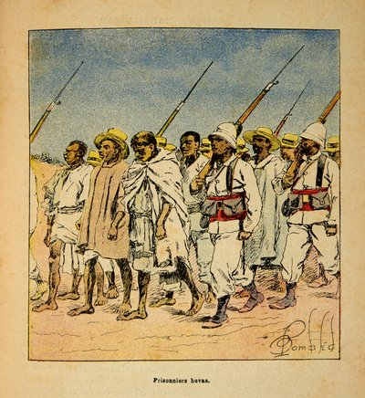 La Guerra en Madagascar-Historia Anecdótica de las Expediciones Francesas de 1885-1895 por Henri Galli dit Galllichet (1854-1922), ilustrado por Louis Bombled (1862-1927): Prisioneros Hovas en 1895, Colección Privada de Louis Charles Bombled