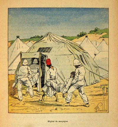 La Guerra en Madagascar-Historia Anecdótica de las Expediciones Francesas de 1885-1895 por Henri Galli dit Galllichet (1854-1922), ilustrado por Louis Bombled (1862-1927): Hospital de Campo Militar en Madagascar en 1895, Colección Privada de Louis Charles Bombled