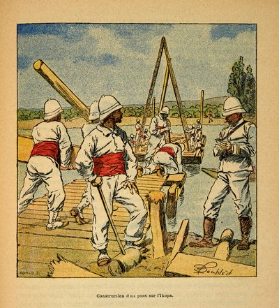 La Guerra en Madagascar-Historia anecdótica de las expediciones francesas de 1885-1895 por Henri Galli, ilustrada por Louis Bombled (1862-1927): Construcción de un puente por el genio en el río Ikopa en 1895, Colección Privada de Louis Charles Bombled