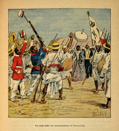 La Guerra en Madagascar-Historia anecdótica de las expediciones francesas de 1885-1895 por Henri Galli, ilustrada por Louis Bombled (1862-1927): La reina Ranavalona visita las trincheras de Tananarive en 1895, Colección Privada de Louis Charles Bombled