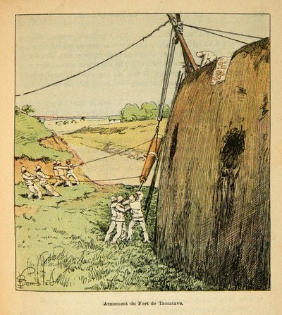 La Guerra en Madagascar-Historia anecdótica de las expediciones francesas de 1885-1895 por Henri Galli, ilustrada por Louis Bombled (1862-1927): Armando el Fuerte de Tamatave por tropas francesas en 1895, Colección Privada de Louis Charles Bombled