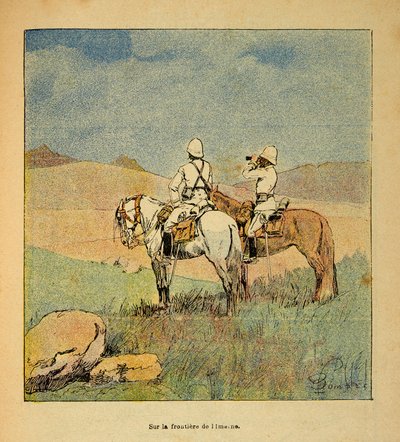 La Guerra en Madagascar - Historia anecdótica de las expediciones francesas de 1885-1895 por Henri Galli, ilustrado por Louis Bombled: Militares en reconocimiento en la frontera de Imerina en Madagascar en 1895 de Louis Charles Bombled
