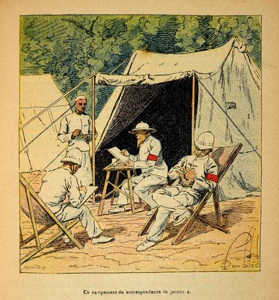 La Guerra en Madagascar - Historia anecdótica de las expediciones francesas de 1885-1895 por Henri Galli, ilustrado por Louis Bombled: Un campamento de corresponsales de prensa en Madagascar en 1895 de Louis Charles Bombled
