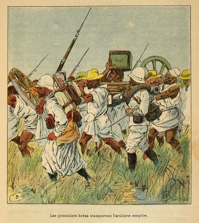 La Guerra en Madagascar - Historia anecdótica de las expediciones francesas de 1885-1895 por Henri Galli, ilustrado por Louis Bombled: Prisioneros Hovas utilizados para transportar piezas de artillería de Louis Charles Bombled