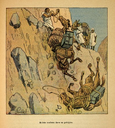 La guerra en Madagascar-Historia anecdótica de las expediciones francesas de 1885-1895 por Henri Galli, ilustrado por Louis Bombled (1862-1927): Mulas de un convoy militar cayendo en un precipicio, colección particular de Louis Charles Bombled