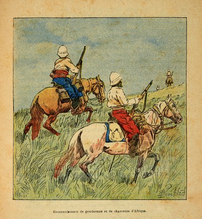 La guerra en Madagascar-Historia anecdótica de las expediciones francesas de 1885-1895 por Henri Galli, ilustrado por Louis Bombled (1862-1927): Reconocimiento de gendarmes y cazadores de África en Madagascar en 1895, colección privada de Louis Charles Bombled