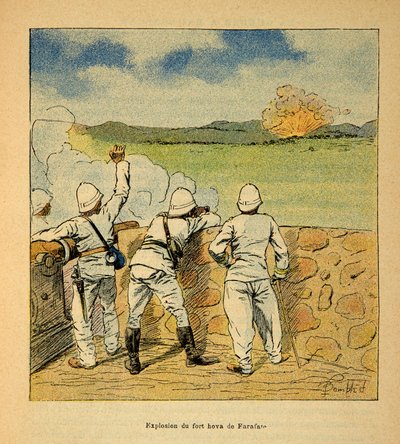 La guerra en Madagascar-Historia anecdótica de las expediciones francesas de 1885-1895 por Henri Galli, ilustrado por Louis Bombled (1862-1927): Explosión del Fuerte Hova en Farafate en 1895, colección privada de Louis Charles Bombled