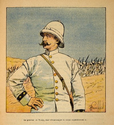 La guerra en Madagascar-Historia anecdótica de las expediciones francesas de 1885-1895 por Henri Galli, ilustrado por Louis Bombled (1862-1927): Retrato del general De Torcy (1844-1918), jefe de Estado Mayor de la Fuerza Expedicionaria en Madagascar de Louis Charles Bombled