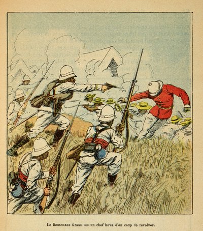 La Guerra en Madagascar-Historia Anecdótica de las Expediciones Francesas de 1885-1895: El teniente Grss mata a un jefe Hova durante las batallas de Tsarasaotra en 1895 de Louis Charles Bombled