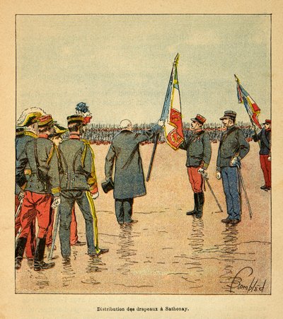 La Guerra en Madagascar-Historia Anecdótica de las Expediciones Francesas de 1885-1895: Distribución de banderas en Sathonay a las tropas que partían hacia Madagascar en 1895 de Louis Charles Bombled
