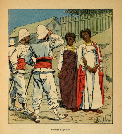 La guerra en Madagascar-Historia anecdótica de las expediciones francesas de 1885-1895 por Henri Galli, ilustrada por Louis Bombled: Soldados franceses simpatizando con mujeres malgaches de Louis Charles Bombled