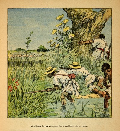 La guerra en Madagascar-Historia anecdótica de las expediciones francesas de 1885-1895 por Henri Galli, ilustrada por Louis Bombled: Tiradores Hovas atacando a los militares construyendo una carretera en 1895 de Louis Charles Bombled
