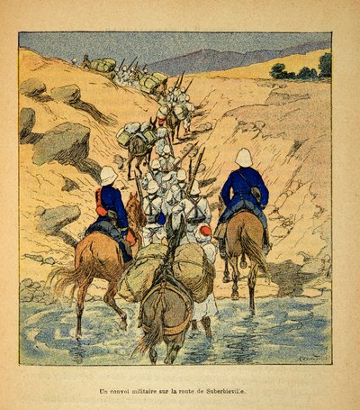 La guerra en Madagascar-Historia anecdótica de las expediciones francesas de 1885-1895 por Henri Galli, ilustrada por Louis Bombled: un convoy militar en la carretera a Suberbieville en 1895 de Louis Charles Bombled