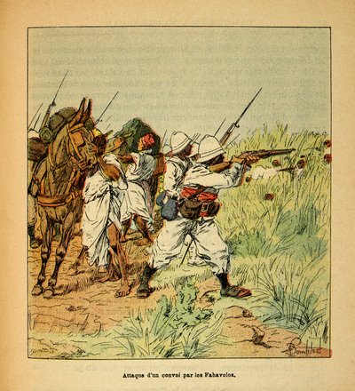 La guerra en Madagascar: Ataque de un convoy militar por los Fahavolos de Louis Charles Bombled