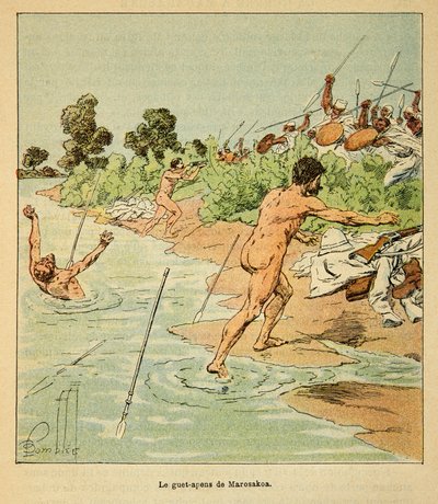 La guerra en Madagascar: Los Sakalaves atacan a los negociadores franceses en Marosakoa en 1895 de Louis Charles Bombled