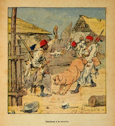 La Guerra en Madagascar-Historia Anecdótica de las Expediciones Francesas de 1885-1895 por Henri Galli, ilustrado por Louis Bombled: Saqueo de Tirailleurs en granjas, Colección Privada de Louis Charles Bombled