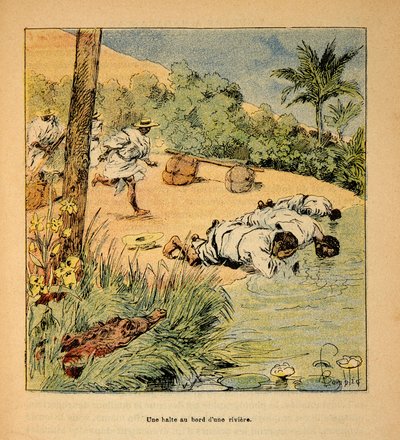 La Guerra en Madagascar-Historia Anecdótica de las Expediciones Francesas de 1885-1895 por Henri Galli, ilustrado por Louis Bombled: Una parada junto al río en 1895, Colección Privada de Louis Charles Bombled