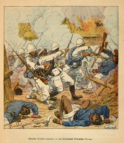 La Guerra en Madagascar-Historia Anecdótica de las Expediciones Francesas de 1885-1895 por Henri Galli, ilustrado por Louis Bombled: El Teniente Foreston herido durante las batallas de Ambolomonty en 1895, Colección Privada de Louis Charles Bombled