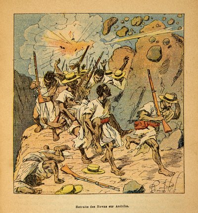 La guerra en Madagascar-Historia anecdótica de las expediciones francesas de 1885-1895 por Henri Galli, ilustrado por Louis Bombled: Retirada de los Hovas en Andriba, Colección privada de Louis Charles Bombled