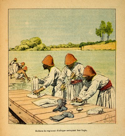 La guerra en Madagascar-Historia anecdótica de las expediciones francesas de 1885-1895 por Henri Galli, ilustrado por Louis Bombled: Soldados del Regimiento Africano limpiando su ropa en las orillas de un río en Madagascar de Louis Charles Bombled
