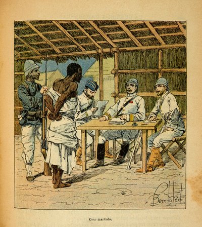La guerra en Madagascar-Historia anecdótica de las expediciones francesas de 1885-1895 por Henri Galli, ilustrado por Louis Bombled: Interrogatorio de un prisionero Hovas por los franceses, Colección privada de Louis Charles Bombled