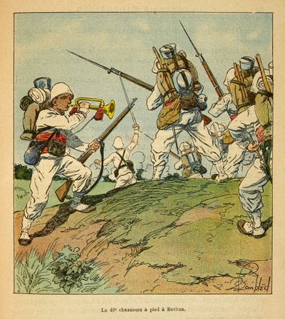La guerra en Madagascar-Historia anecdótica de las expediciones francesas de 1885-1895 por Henri Galli, ilustrado por Louis Bombled: Los 40 cazadores a pie durante la lucha en Beritza en 1895, Colección privada de Louis Charles Bombled