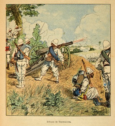 La guerra en Madagascar-Historia anecdótica de las expediciones francesas de 1885-1895 por Henri Galli, ilustrado por Louis Bombled: Defensa de Tsarasaotra en 1895, Colección privada de Louis Charles Bombled