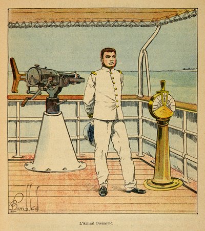 La guerra en Madagascar-Historia anecdótica de las expediciones francesas de 1885-1895 por Henri Galli, ilustrado por Louis Bombled: Retrato del almirante Bienaimé, Colección privada de Louis Charles Bombled