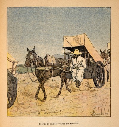 La Guerra en Madagascar-Historia Anecdótica de las Expediciones Francesas de 1885-1895 por Henri Galli dit Galllichet (1854-1922), ilustrado por Louis Bombled (1862-1927): Convoy de enfermos escapando en Marololo, Colección Privada de Louis Charles Bombled