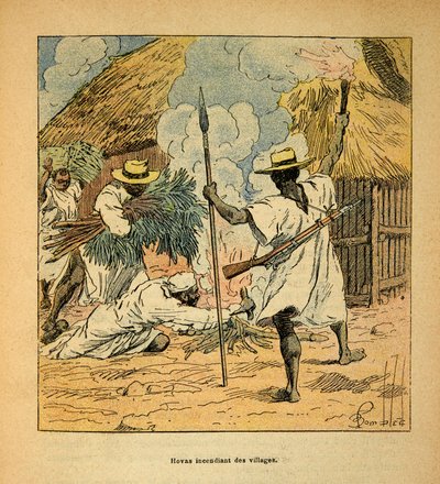 La Guerra en Madagascar-Historia Anecdótica de las Expediciones Francesas de 1885-1895 por Henri Galli dit Galllichet (1854-1922), ilustrado por Louis Bombled (1862-1927): Hovas quemando aldeas, Colección Privada de Louis Charles Bombled