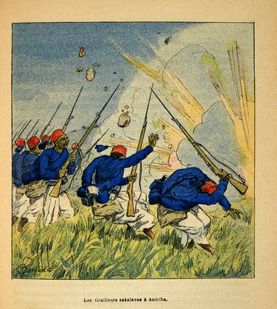 La Guerra en Madagascar-Historia Anecdótica de las Expediciones Francesas de 1885-1895 por Henri Galli dit Galllichet (1854-1922), ilustrado por Louis Bombled (1862-1927): Los Tiradores Sakalave durante los combates en Andriba en 1895, Colección Privada de Louis Charles Bombled