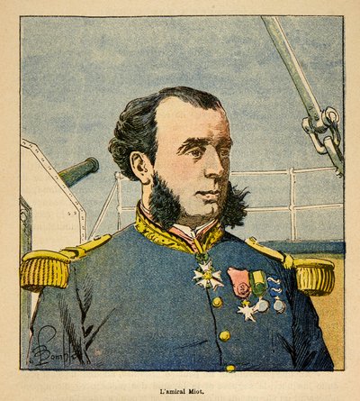 La Guerra en Madagascar-Historia Anecdótica de las Expediciones Francesas de 1885-1895 por Henri Galli dit Galllichet (1854-1922), ilustrado por Louis Bombled (1862-1927): Retrato del Almirante Paul Emile Miot (1827-1900), Colección Privada de Louis Charles Bombled