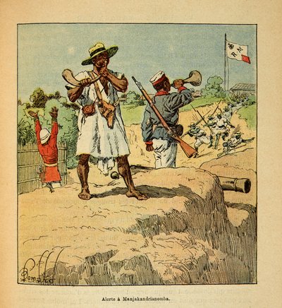 La Guerra en Madagascar-Historia Anecdótica de las Expediciones Francesas de 1885-1895: Tropas malgaches en alerta en Manjakandrianomba a la llegada de las tropas francesas en 1895 de Louis Charles Bombled