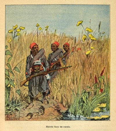 La guerra en Madagascar-Historia anecdótica de las expediciones francesas de 1885-1895 por Henri Galli, ilustrado por Louis Bombled: Tropas francesas en expedición en los pantanos de Madagascar en 1895, Colección Privada de Louis Charles Bombled