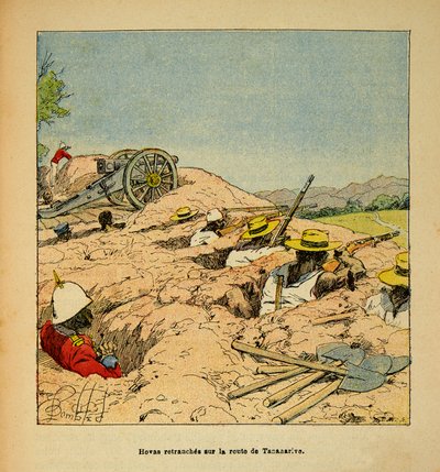 La guerra en Madagascar-Historia anecdótica de las expediciones francesas de 1885-1895 por Henri Galli, ilustrado por Louis Bombled: Trincheras de las tropas Hovas en el camino a Tannarive en 1895, Colección privada de Louis Charles Bombled