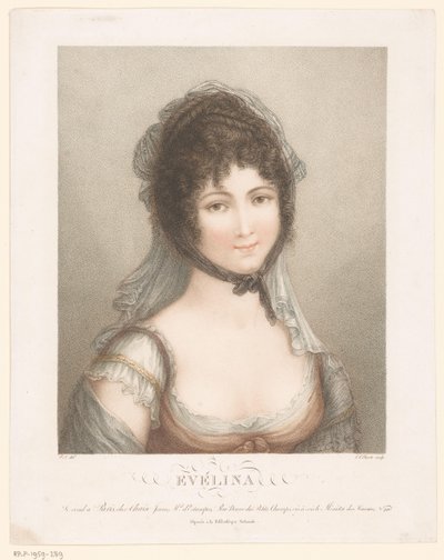 Mujer joven con velo y pelo rizado levantado
Evélina (título en el objeto) de Louis Charles Ruotte