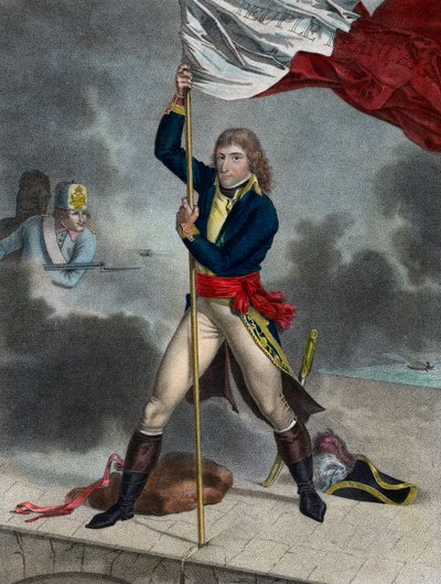 Napoleón Bonaparte durante la Batalla del Puente de Arcole (Arcola), noviembre de 1796 - Buonaparte General en Jefe del Ejército de Italia plantando una bandera en el puente de Arcole en 1796 - grabado por Louis Charles Ruotte de Louis Charles Ruotte