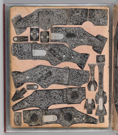 Cuaderno de trabajo registrando el ornamento de armas grabadas de Louis D. Nimschke, americano, c. 1850-1900 de Louis D. Nimschke