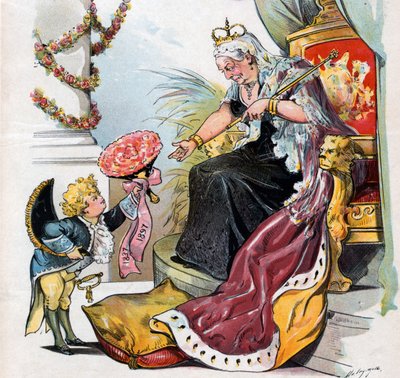 Puck hace una reverencia y entrega un ramo de flores con la etiqueta "1837 1897" a la Reina Victoria de Louis Dalrymple