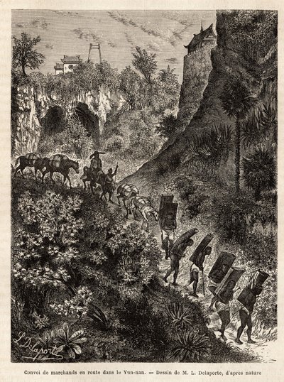 Un convoy de comerciantes y sus porteadores en ruta a Yunnan (China), grabado según el dibujo de L.Delaporte, para ilustrar el viaje de exploración en Indochina por Francis Garnier, teniente de navío, en 1866-1868, publicado en "Le tour du monde" 1874, edi de Louis Delaporte