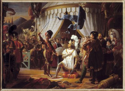 Francisco I de Francia solicitando ser nombrado caballero por el Chevalier Bayard después de la victoria en la Batalla de Marignano, Italia, 1515 de Louis Ducis